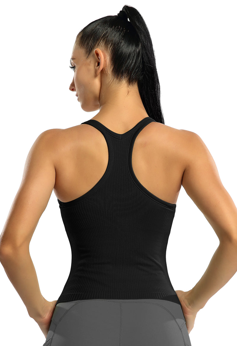 Women's Ribbed Racerback Cropped Built-in Bra Workout Tank Top