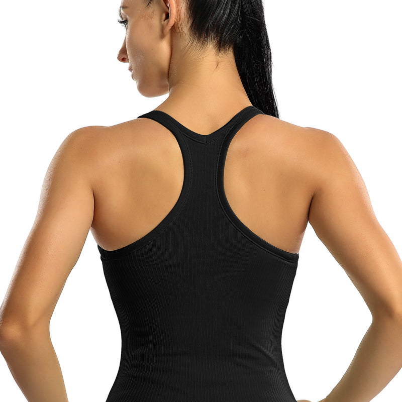 Women's Ribbed Racerback Cropped Built-in Bra Workout Tank Top