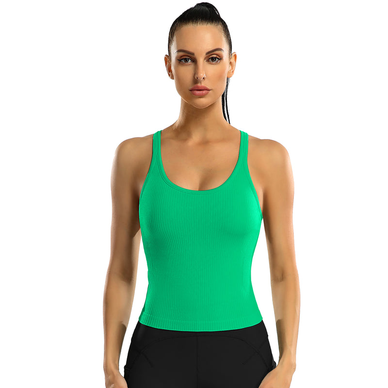 Women's Ribbed Racerback Cropped Built-in Bra Workout Tank Top