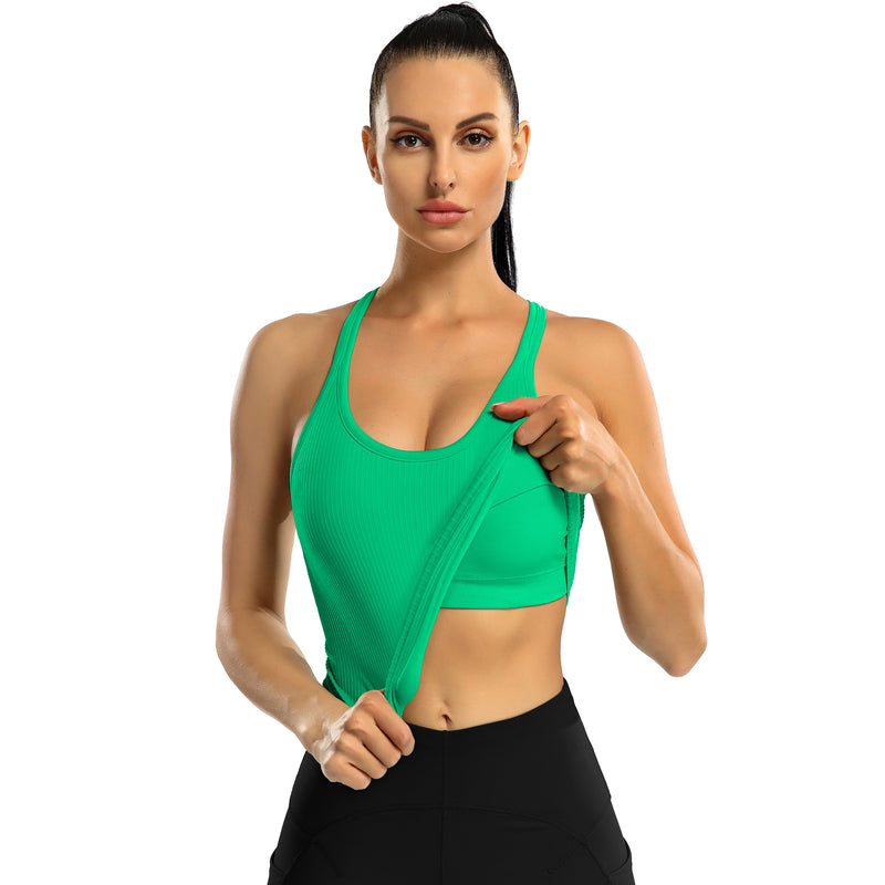 Women's Ribbed Racerback Cropped Built-in Bra Workout Tank Top