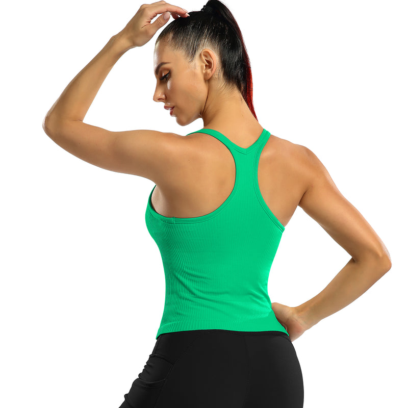 Women's Ribbed Racerback Cropped Built-in Bra Workout Tank Top
