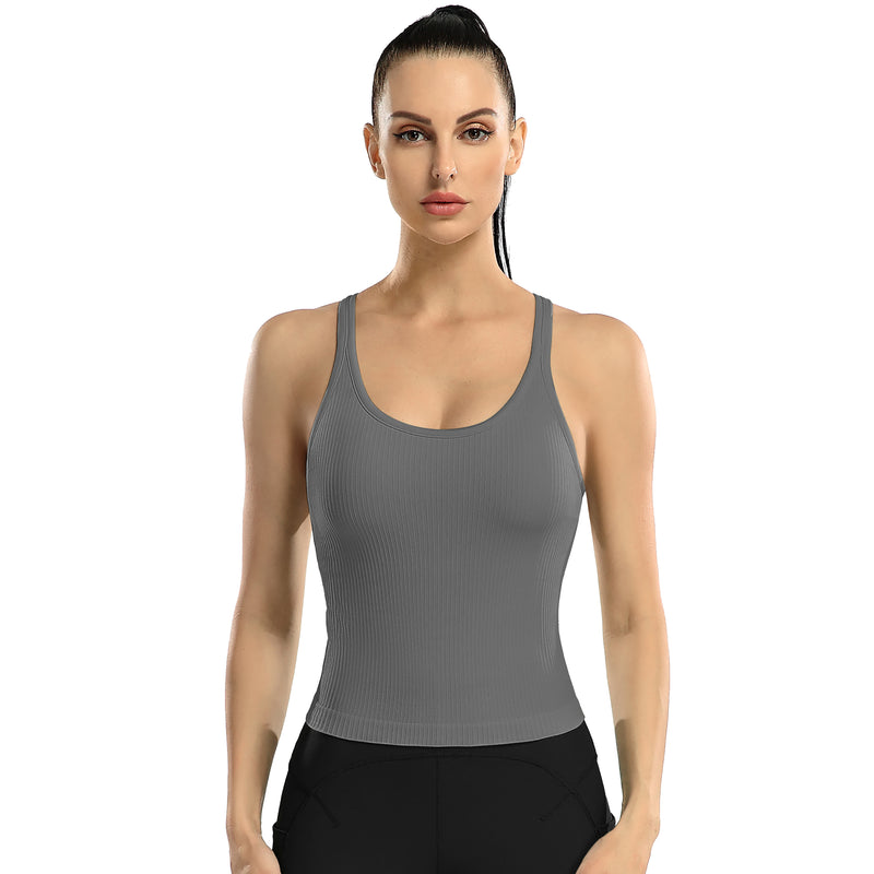 Women's Ribbed Racerback Cropped Built-in Bra Workout Tank Top