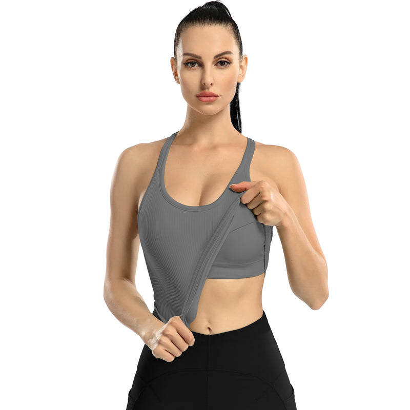 Women's Ribbed Racerback Cropped Built-in Bra Workout Tank Top