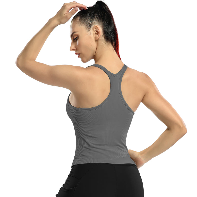 Women's Ribbed Racerback Cropped Built-in Bra Workout Tank Top