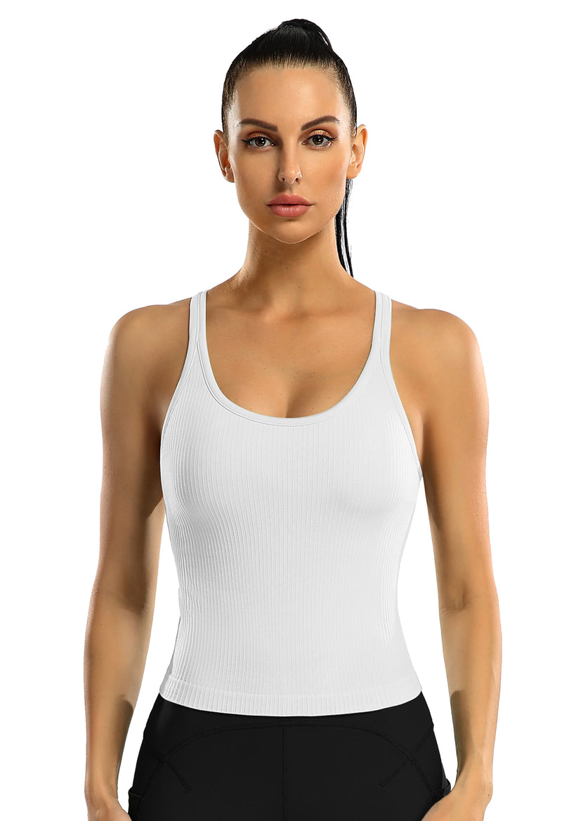 Women's Ribbed Racerback Cropped Built-in Bra Workout Tank Top