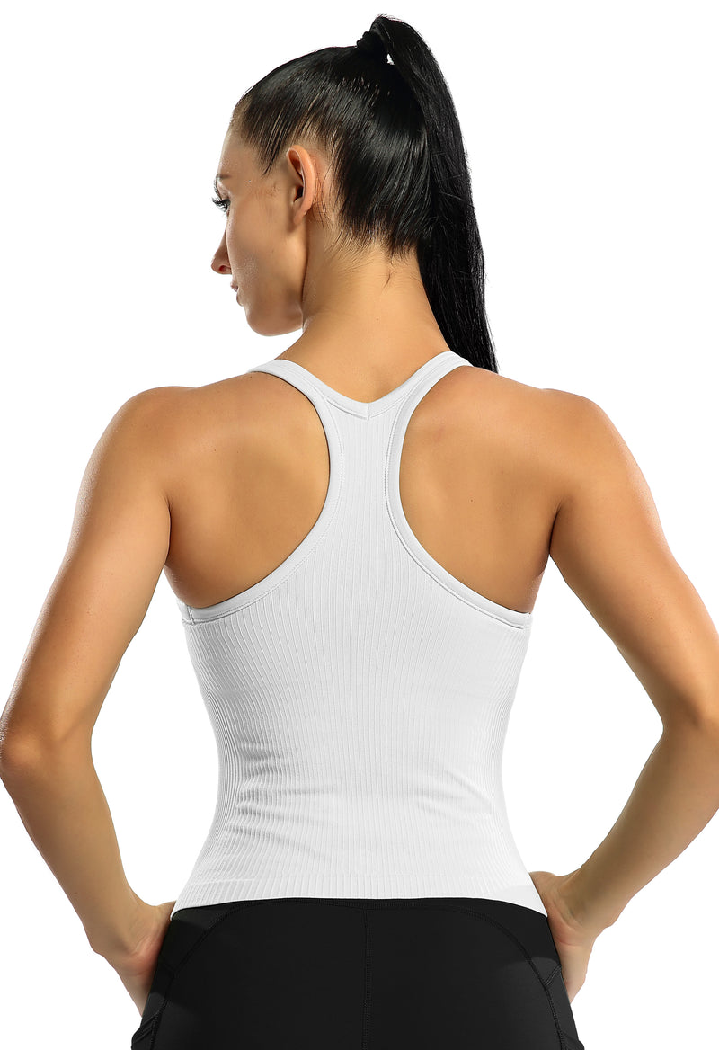 Women's Ribbed Racerback Cropped Built-in Bra Workout Tank Top