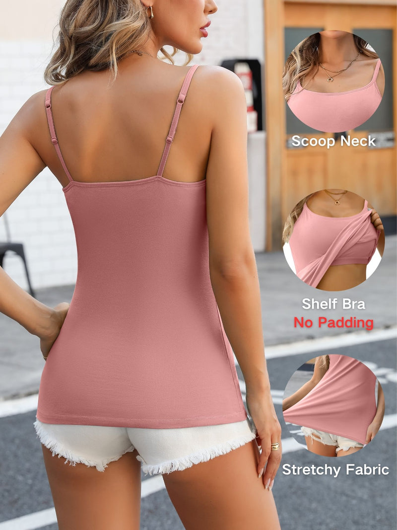 ANFERRY Womens Cotton Camisoles with Shelf Bra Solid Basic Spaghetti Straps Tank Tops Camis Pack of 2