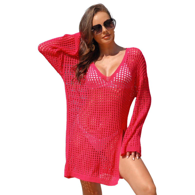 Women Mesh Knit V Neck Long Sleeve Beach Cover Up Dress Side Slit Swim Coverup Tunic