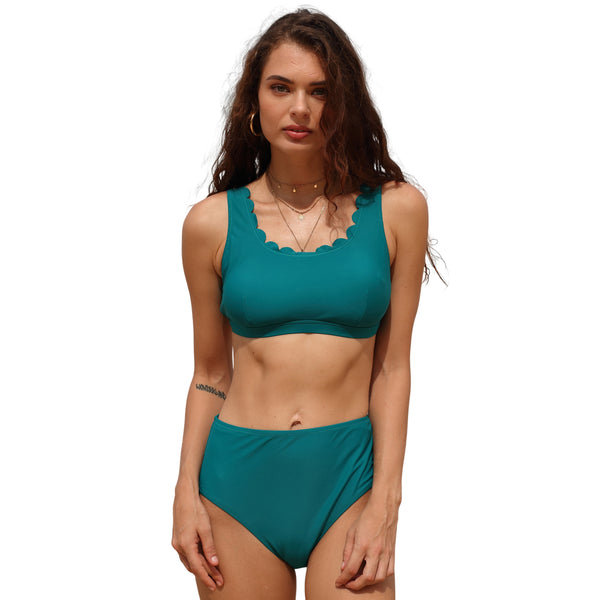 Women Scalloped U-Neck Adjustable Strap High Waist 2 Piece Bikini Swimsuit Set