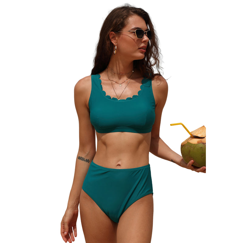 Women Scalloped U-Neck Adjustable Strap High Waist 2 Piece Bikini Swimsuit Set