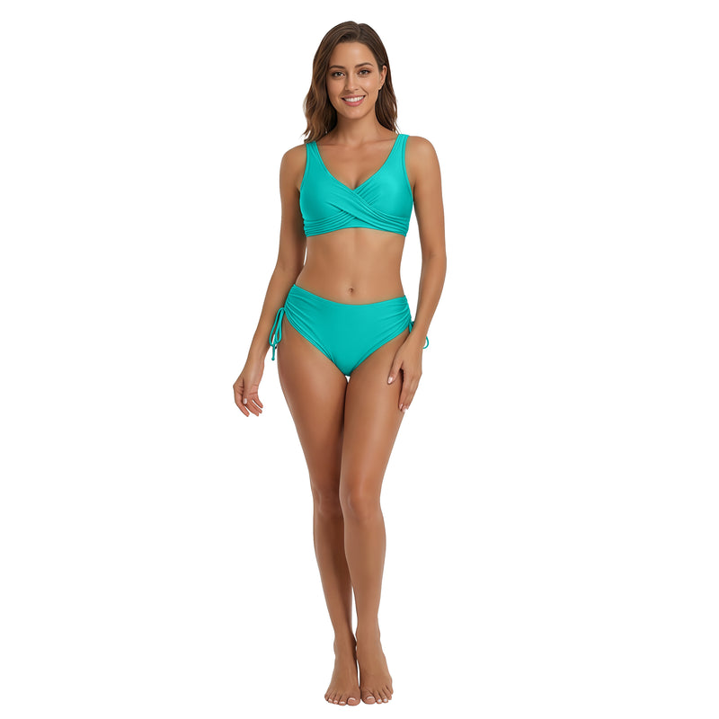 Women Flattering Wrap Front High Waist Side Drawstring Two Piece Bikini Set