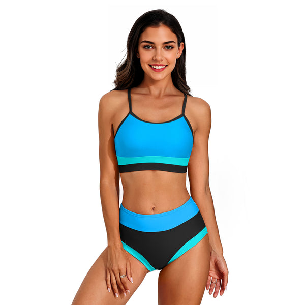 Women Sporty Colorblock High Waist Adjustable Strap Two Piece Bikini Set