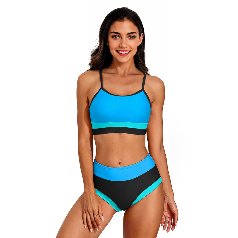 Women Sporty Colorblock High Waist Adjustable Strap Two Piece Bikini Set