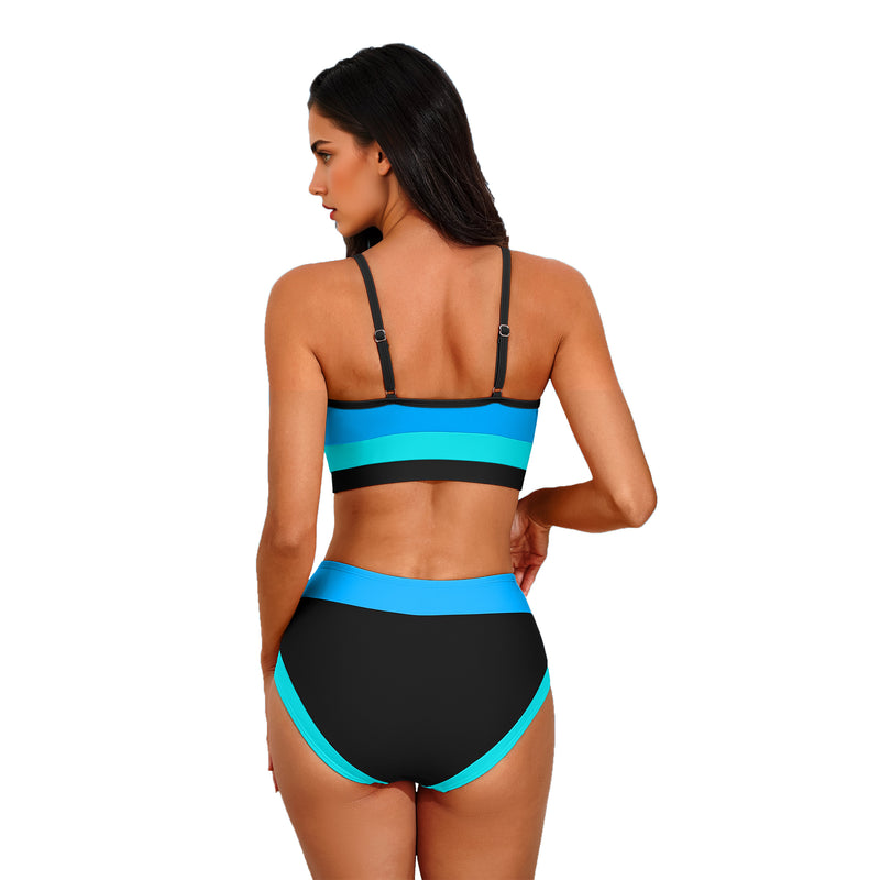 Women Sporty Colorblock High Waist Adjustable Strap Two Piece Bikini Set