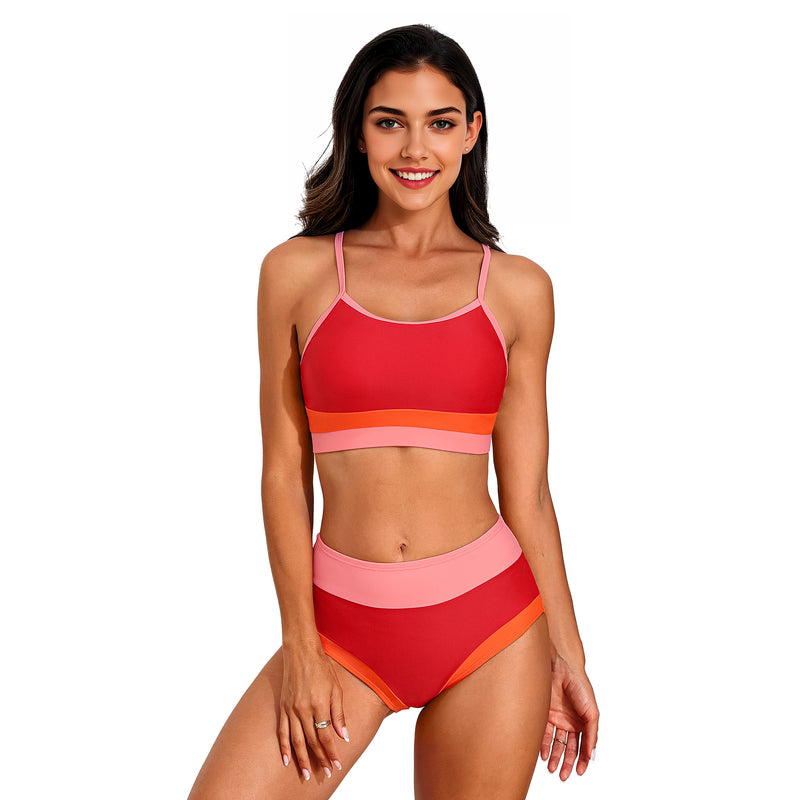 Women Sporty Colorblock High Waist Adjustable Strap Two Piece Bikini Set