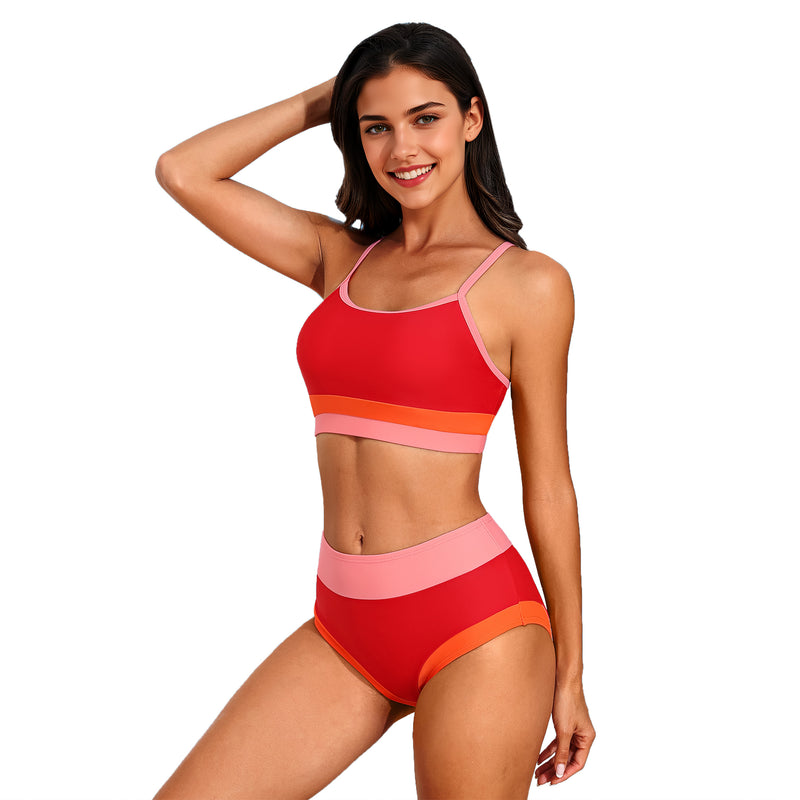 Women Sporty Colorblock High Waist Adjustable Strap Two Piece Bikini Set