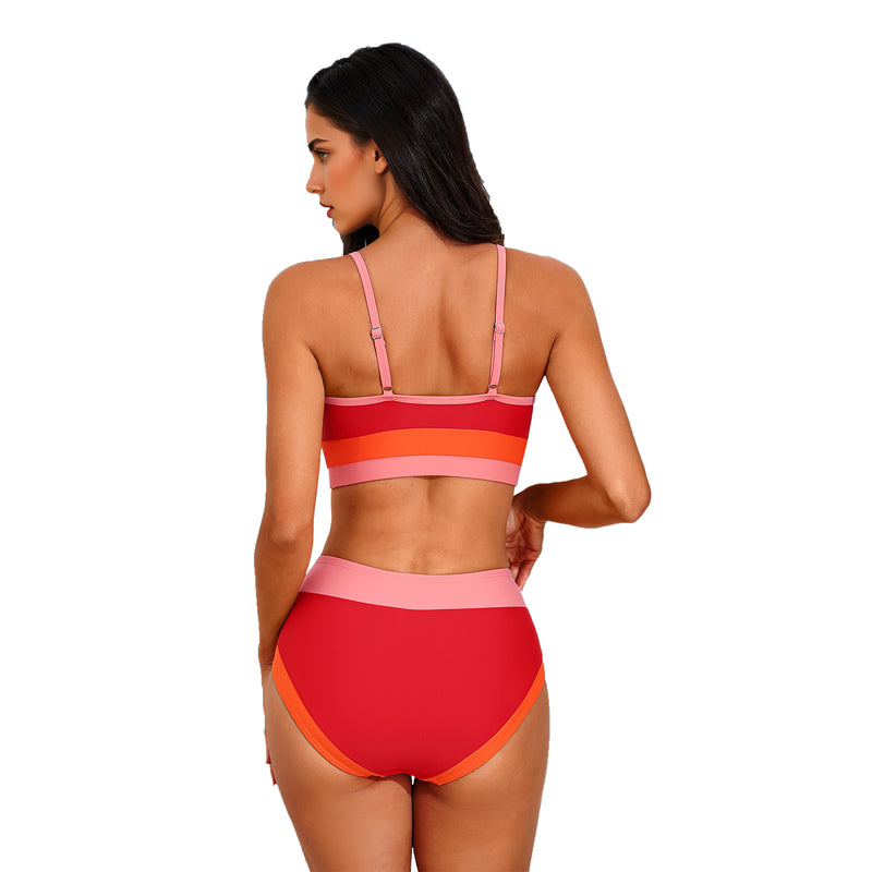 Women Sporty Colorblock High Waist Adjustable Strap Two Piece Bikini Set