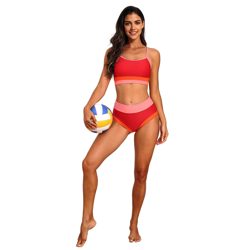 Women Sporty Colorblock High Waist Adjustable Strap Two Piece Bikini Set