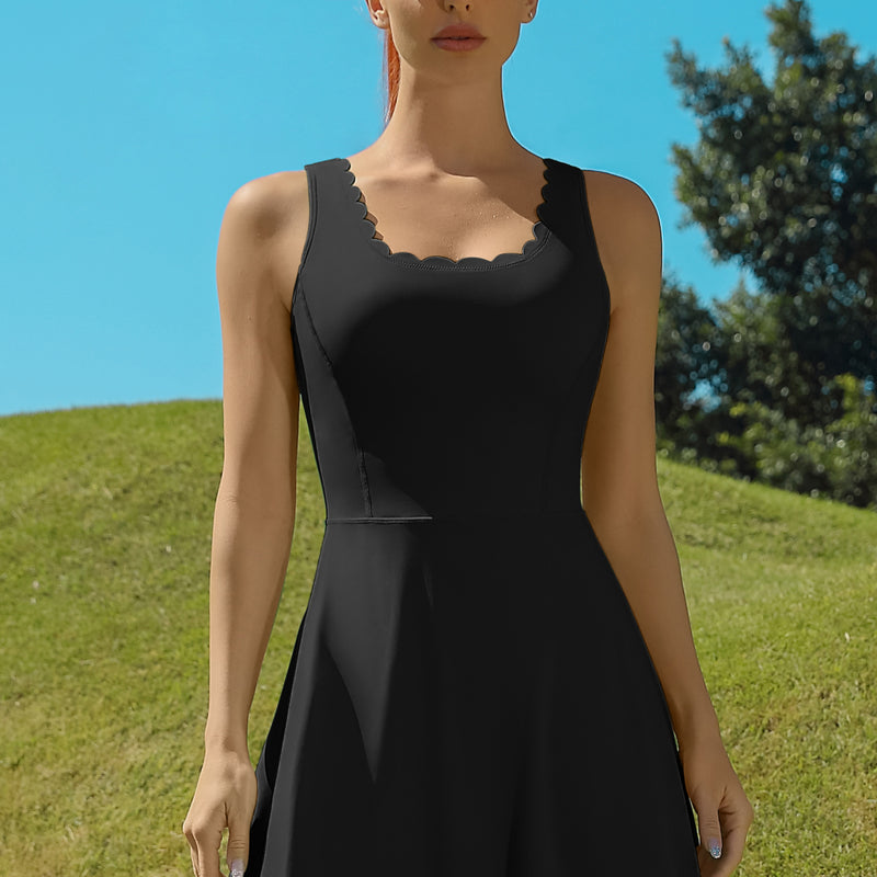 Scalloped V-Back Tennis Dress with Built-in Shorts