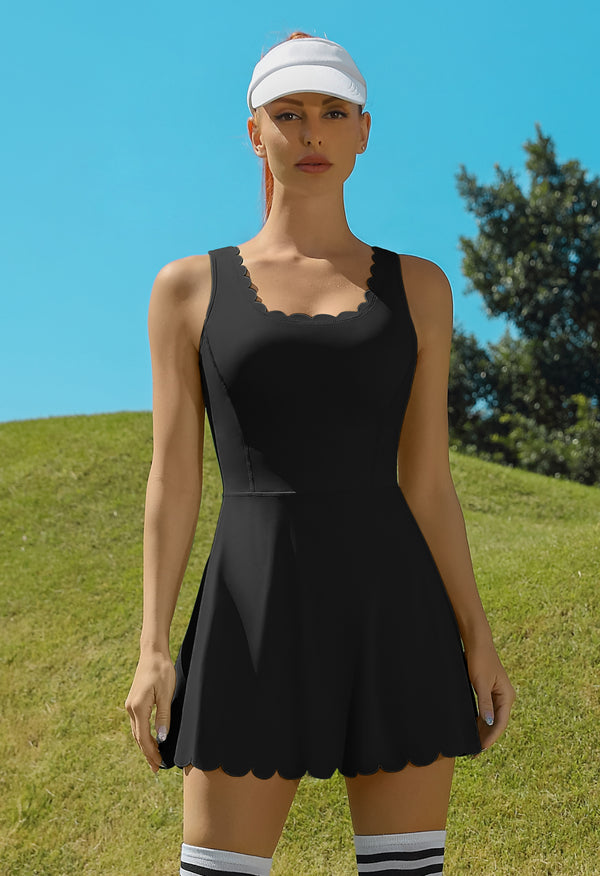 Scalloped V-Back Tennis Dress with Built-in Shorts