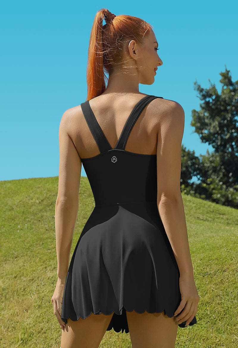 Scalloped V-Back Tennis Dress with Built-in Shorts