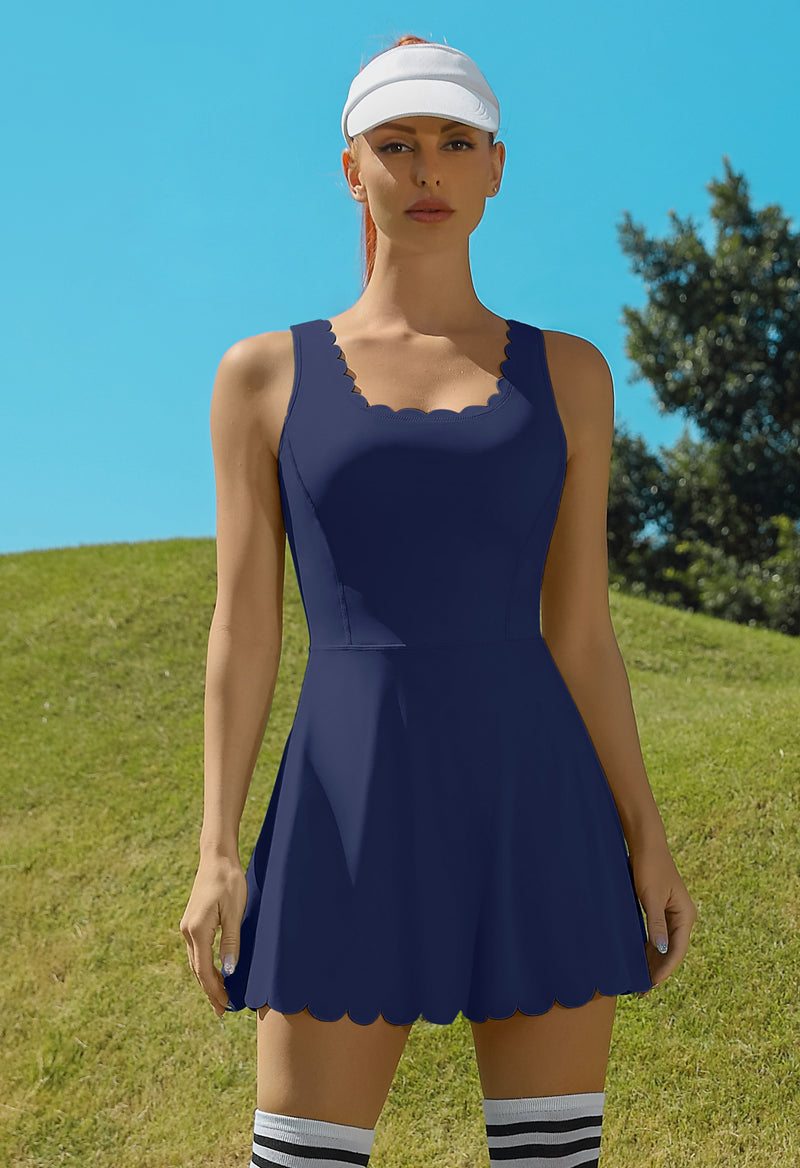 Scalloped V-Back Tennis Dress with Built-in Shorts