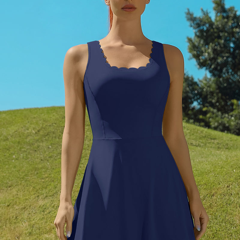 Scalloped V-Back Tennis Dress with Built-in Shorts