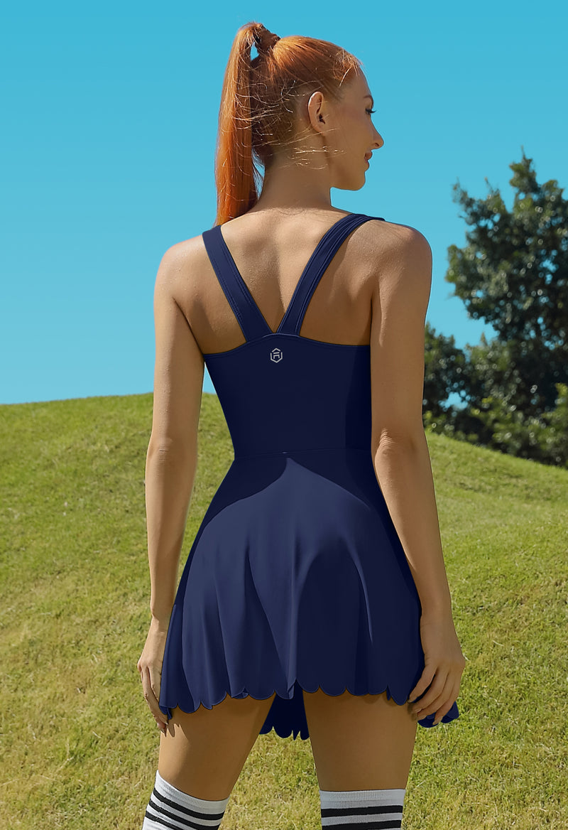 Scalloped V-Back Tennis Dress with Built-in Shorts