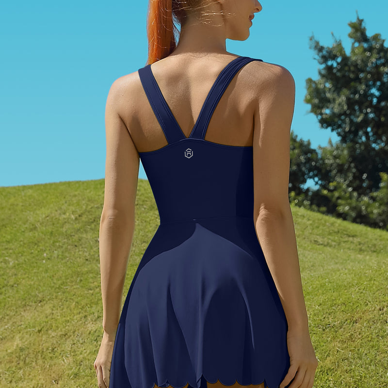 Scalloped V-Back Tennis Dress with Built-in Shorts