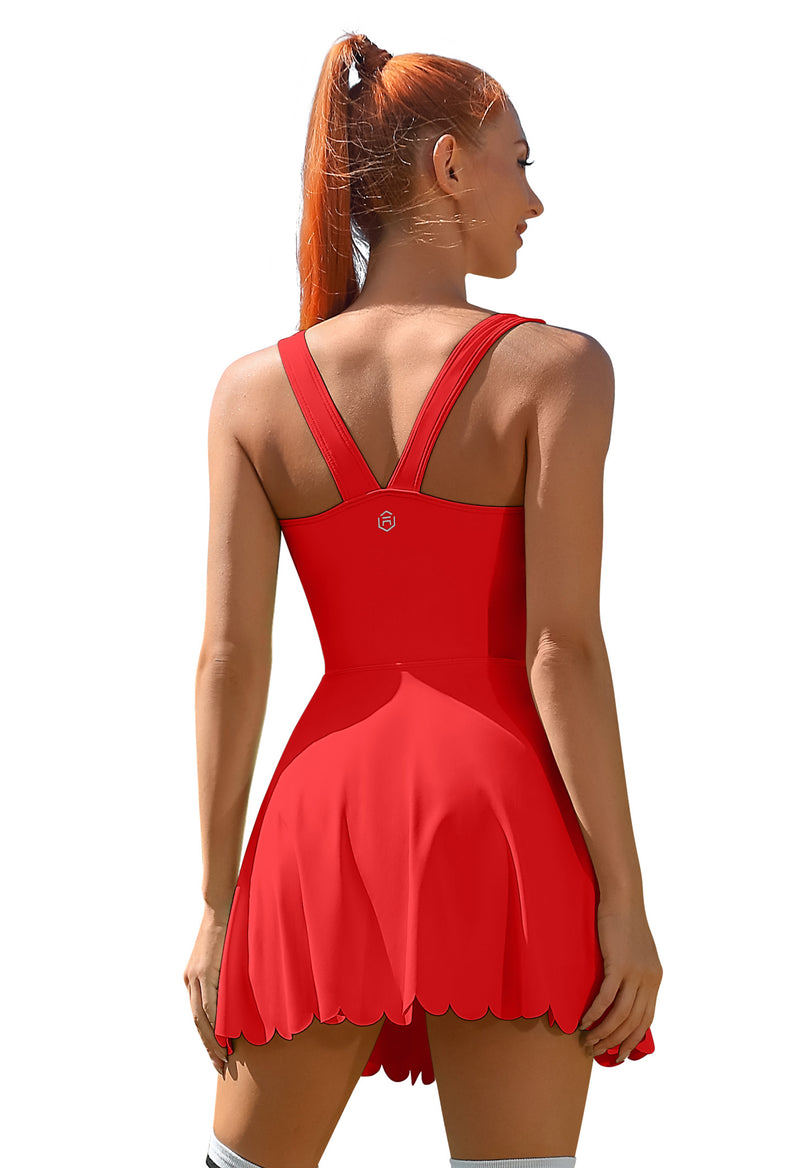 Scalloped V-Back Tennis Dress with Built-in Shorts
