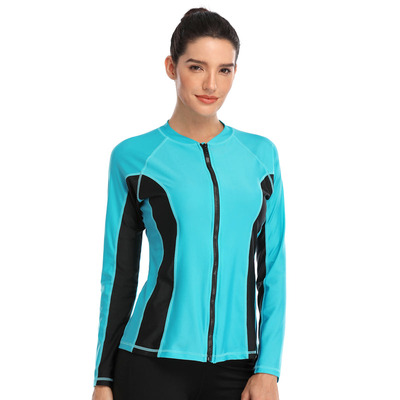 Womens Long Sleeve Zip Front Rash Guard Sun Protection Swim Shirt