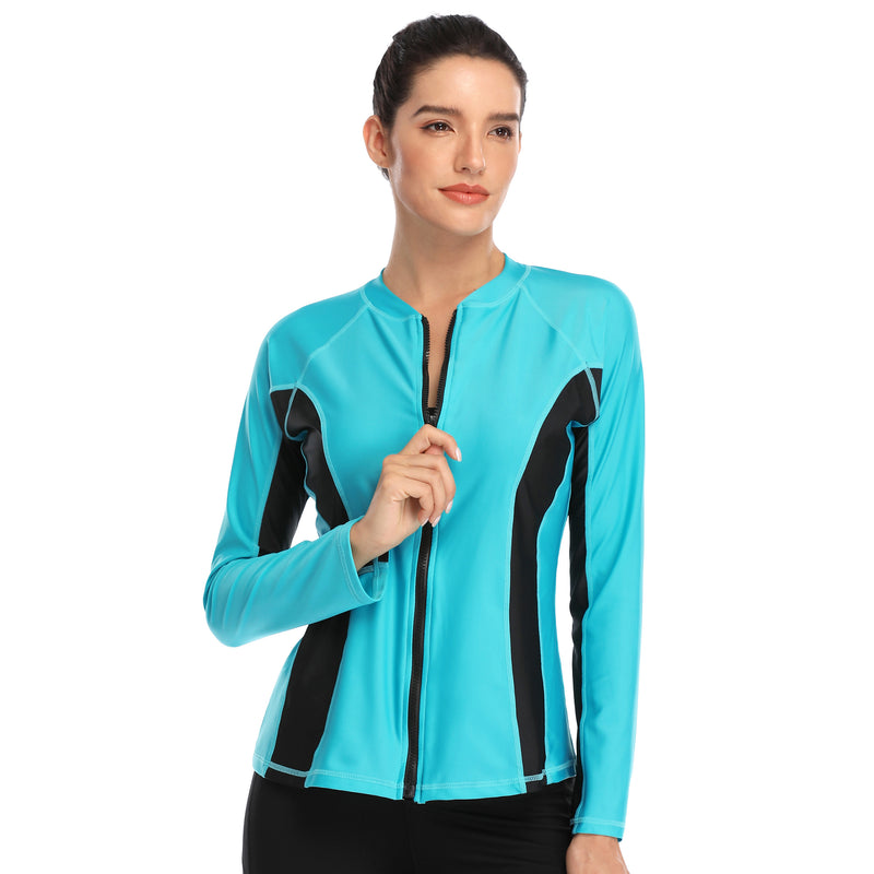 Womens Long Sleeve Zip Front Rash Guard Sun Protection Swim Shirt