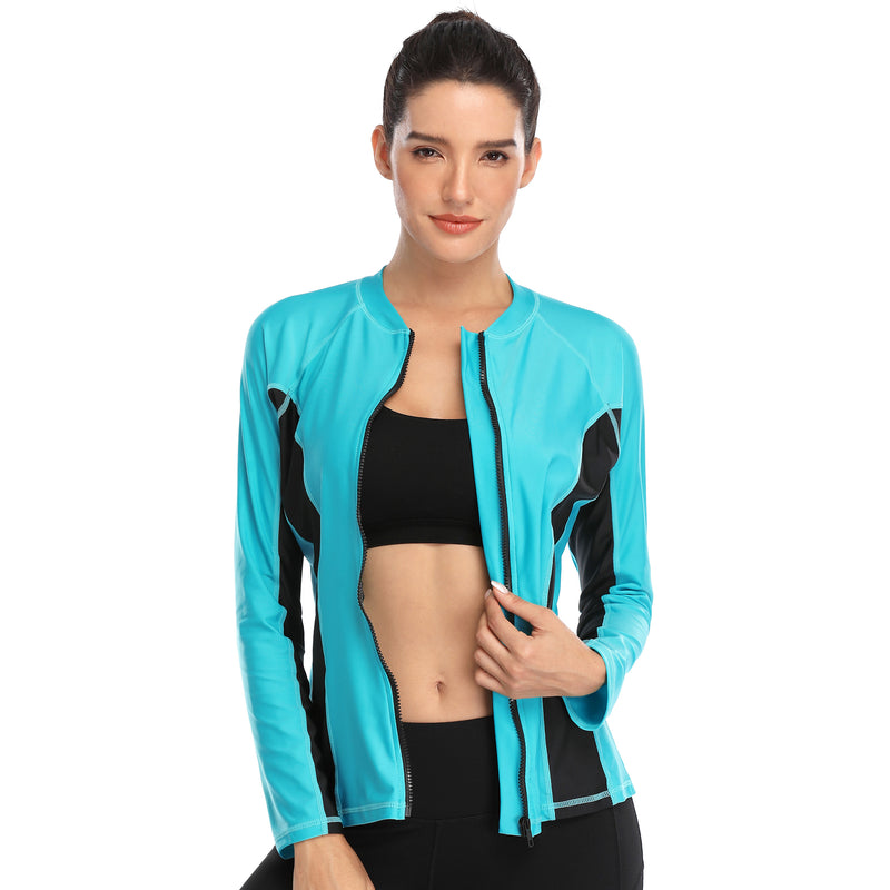 Womens Long Sleeve Zip Front Rash Guard Sun Protection Swim Shirt