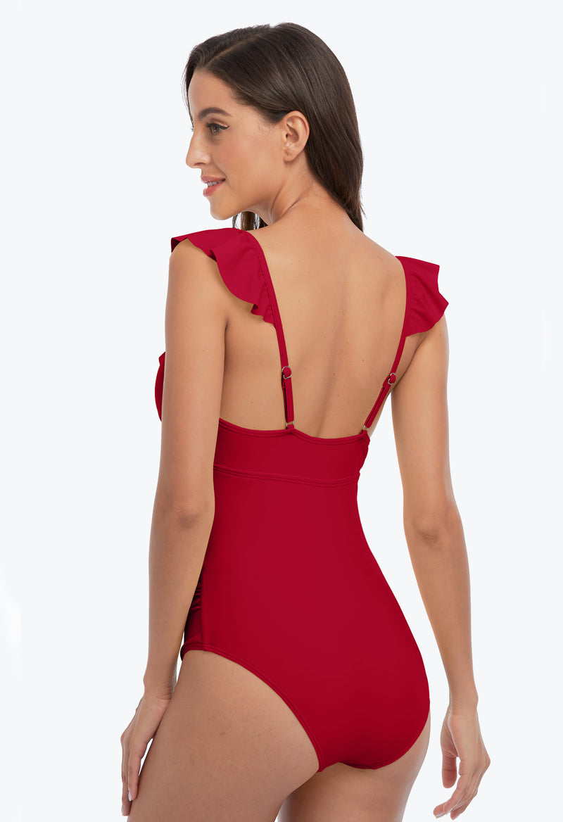Women Ruffle V Neck Adjustable Strap Ruched One Piece Swimsuit