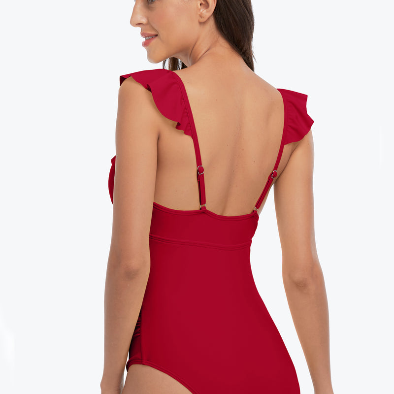 Women Ruffle V Neck Adjustable Strap Ruched One Piece Swimsuit