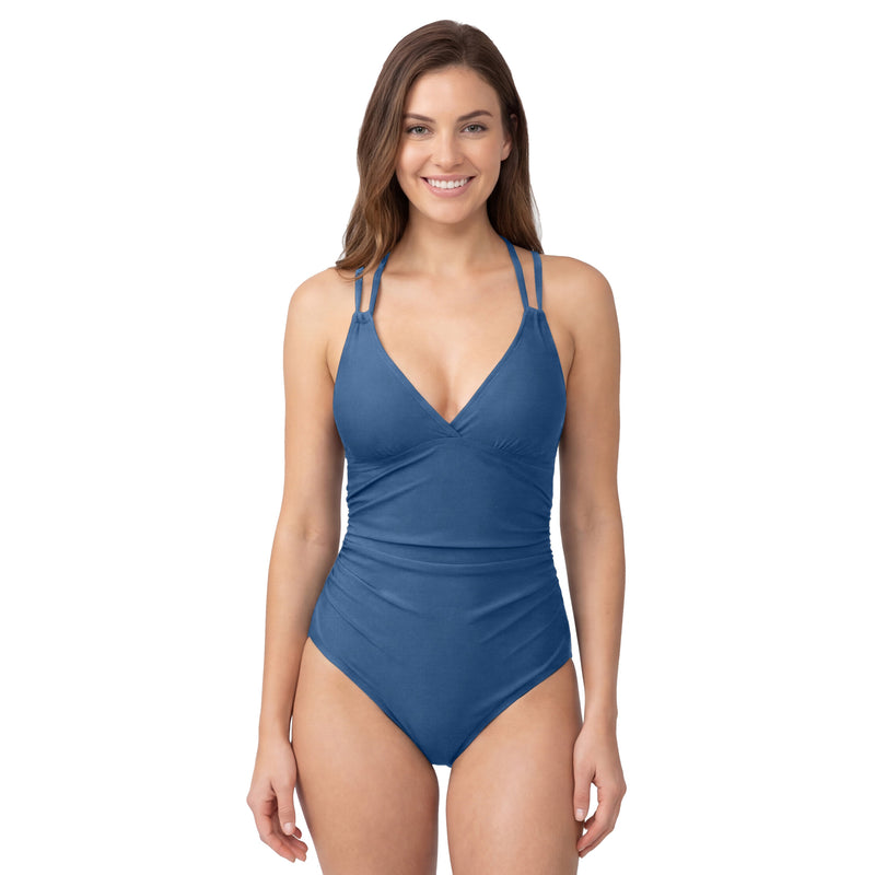 Women's Double Strap V Neck Crisscross Back Ruched One Piece Swimsuit