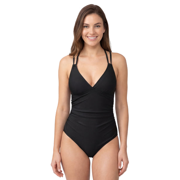 Women's Double Strap V Neck Crisscross Back Ruched One Piece Swimsuit