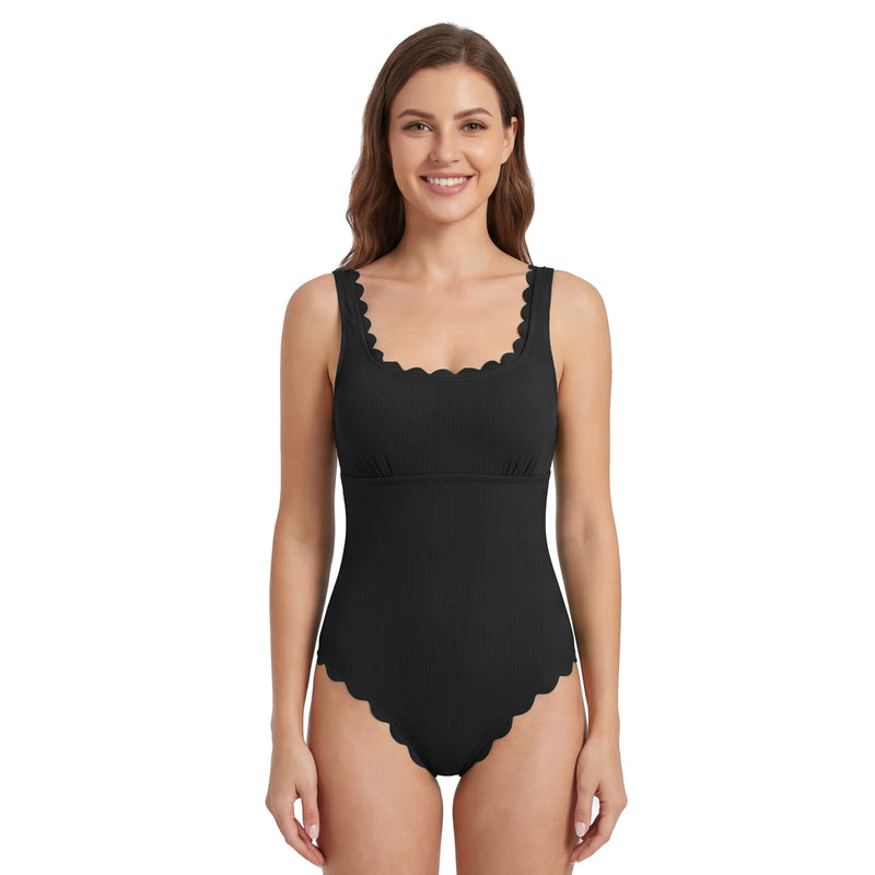 Women's Ribbed Scallop Edge Back Cutout One Piece Swimsuit with Adjustable Straps