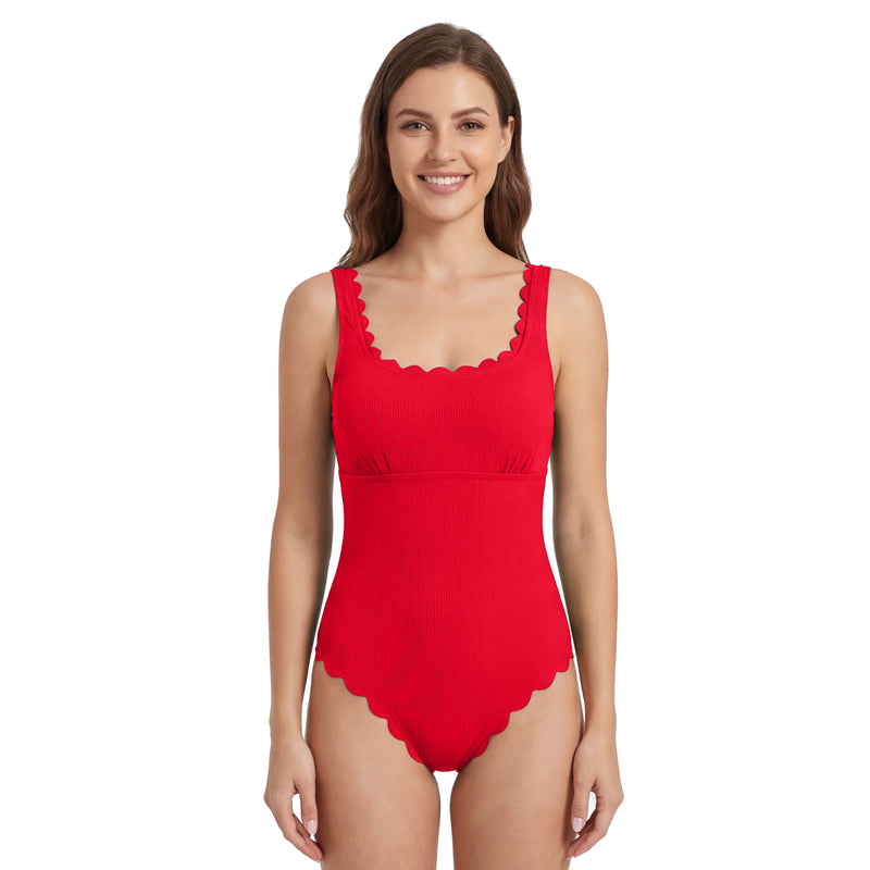 Women's Ribbed Scallop Edge Back Cutout One Piece Swimsuit with Adjustable Straps