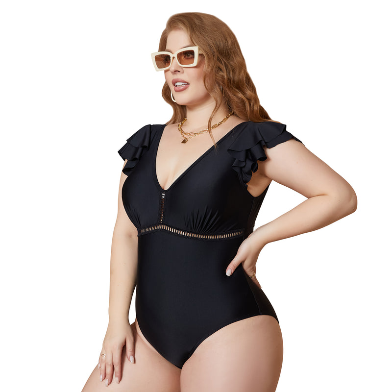 Women Glam Eyelet Cutout Ruffle Sleeve Back Tie Plus Size One Piece Swimsuit