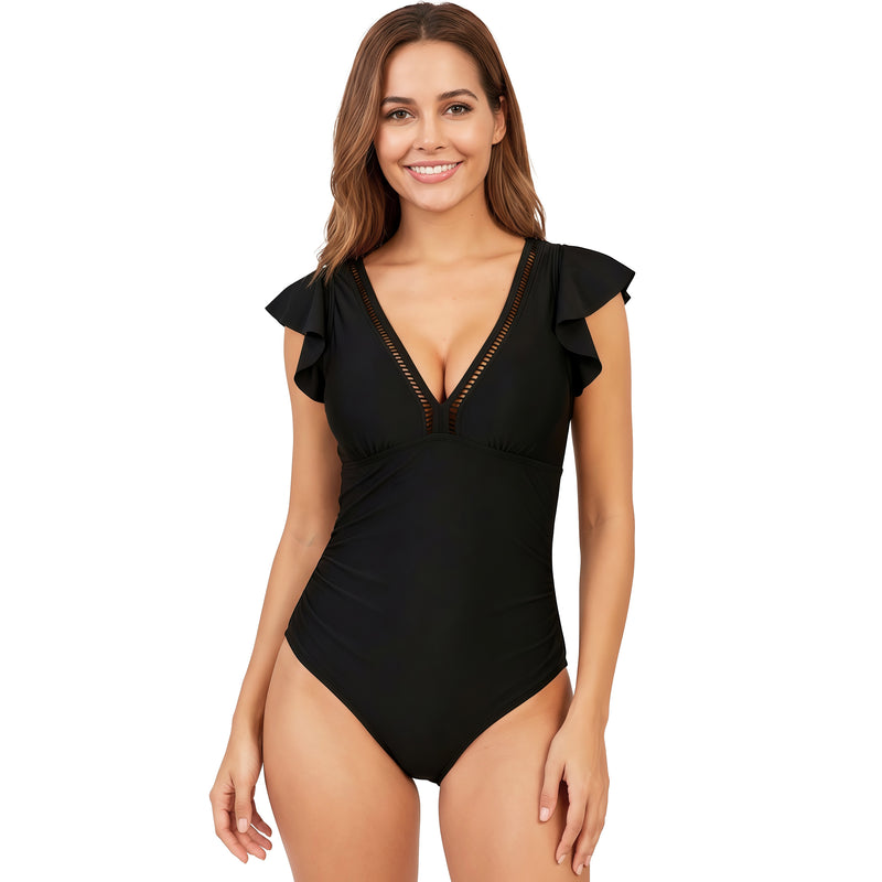 Women's Ruffle Sleeve One Piece Swimsuit with V-Neck Ladder Trim & Open Back