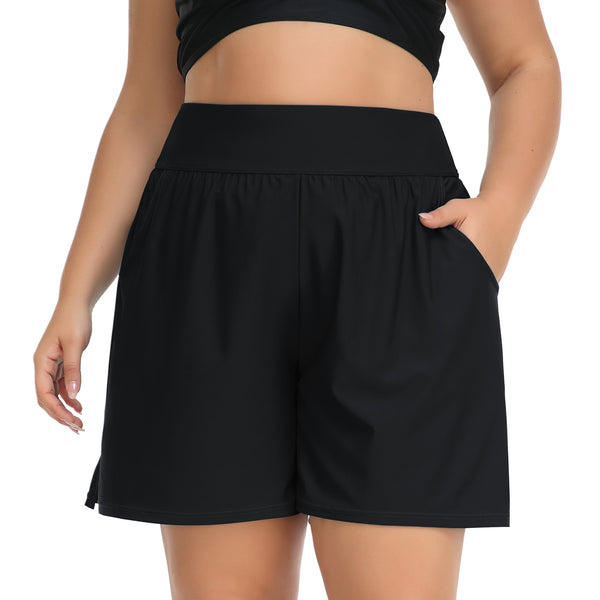 Women High Waist Swim Shorts Plus Size Board Shorts with Liner and Pockets
