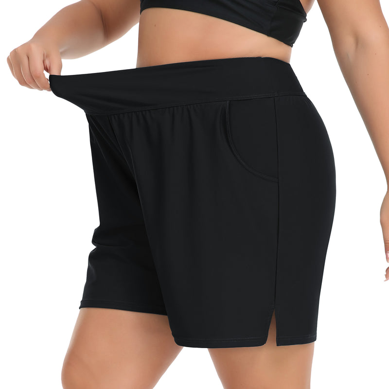 Women High Waist Swim Shorts Plus Size Board Shorts with Liner and Pockets