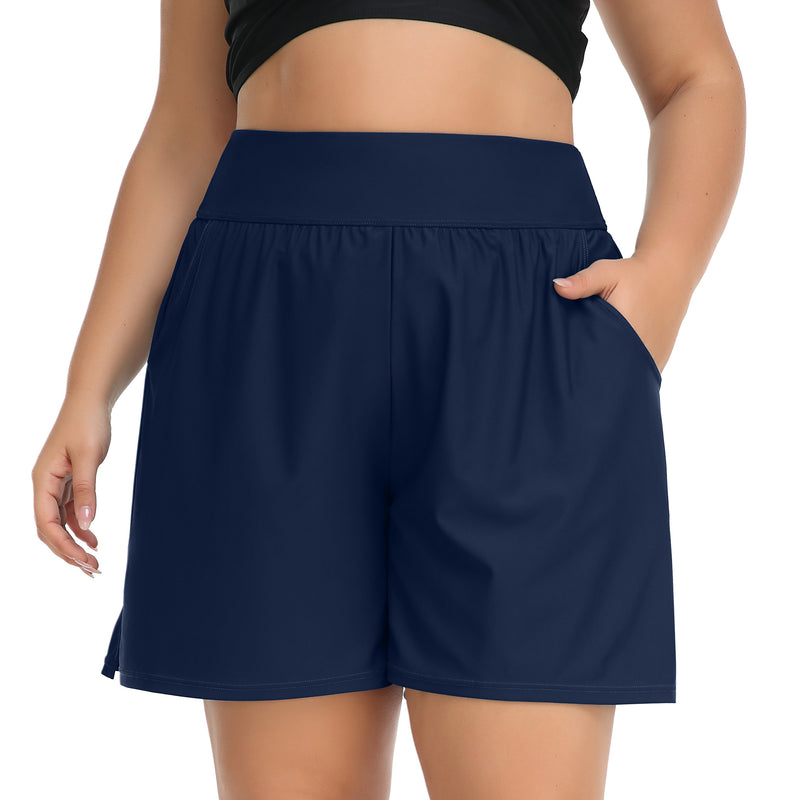 Women High Waist Swim Shorts Plus Size Board Shorts with Liner and Pockets