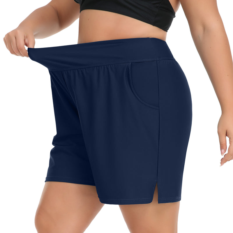 Women High Waist Swim Shorts Plus Size Board Shorts with Liner and Pockets