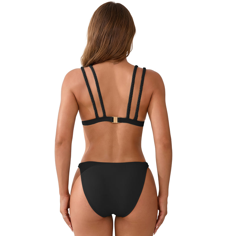 Women's Braided Strap Triangle Bikini Set with Back Clasp
