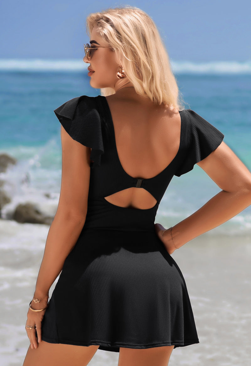 Women's Ribbed Twist Cutout Ruffle Sleeve Swimdress One-Piece Swimsuit