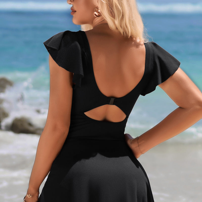 Women's Ribbed Twist Cutout Ruffle Sleeve Swimdress One-Piece Swimsuit