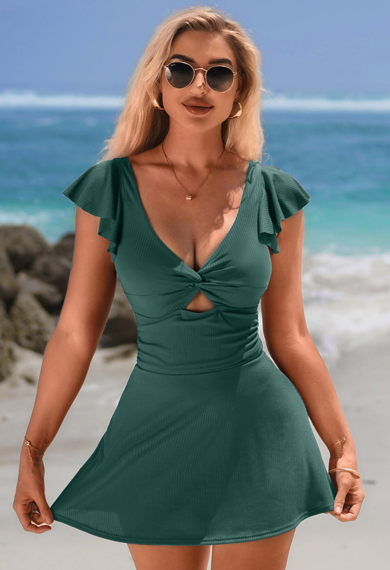 Women's Ribbed Twist Cutout Ruffle Sleeve Swimdress One-Piece Swimsuit