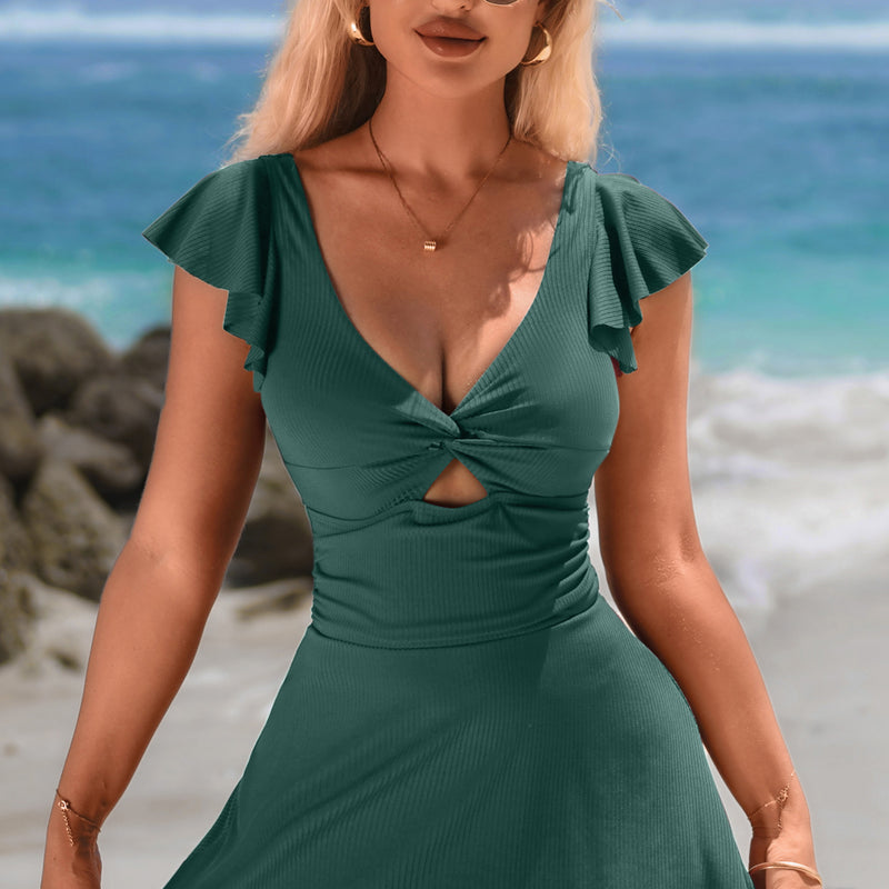 Women's Ribbed Twist Cutout Ruffle Sleeve Swimdress One-Piece Swimsuit